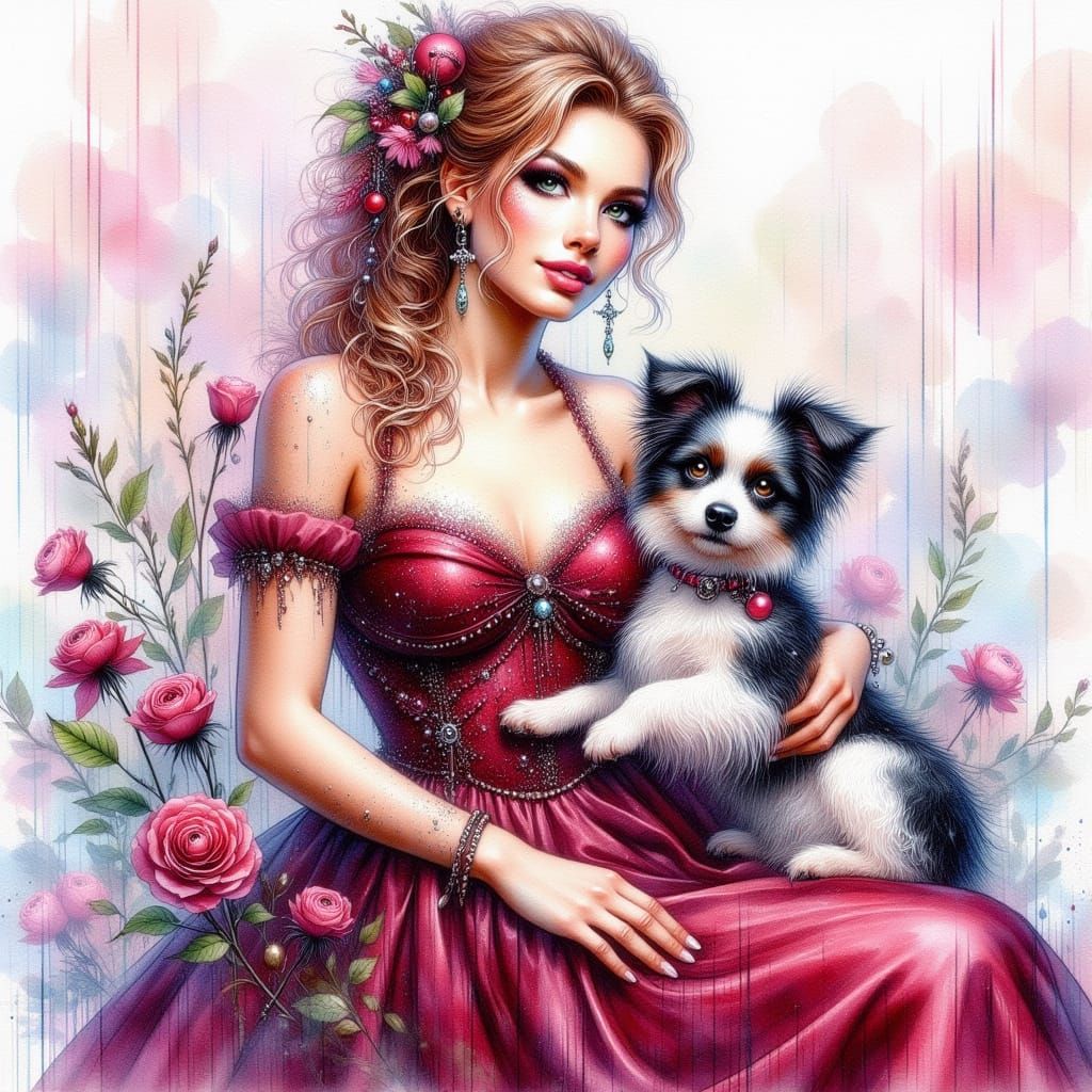 Elegant Woman in Burgundy Gown Holding Dog, Watercolor Style