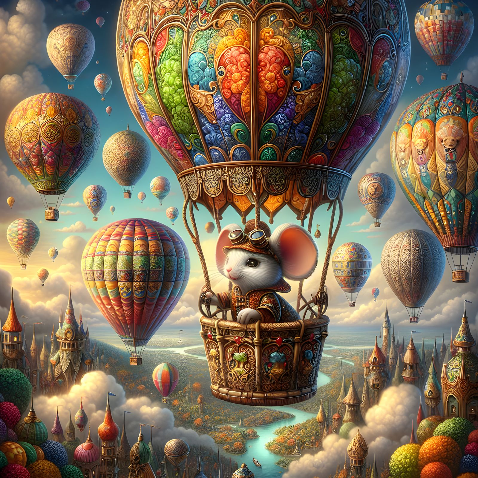 Steampunk Mouse in Hot Air Balloon Fantasy