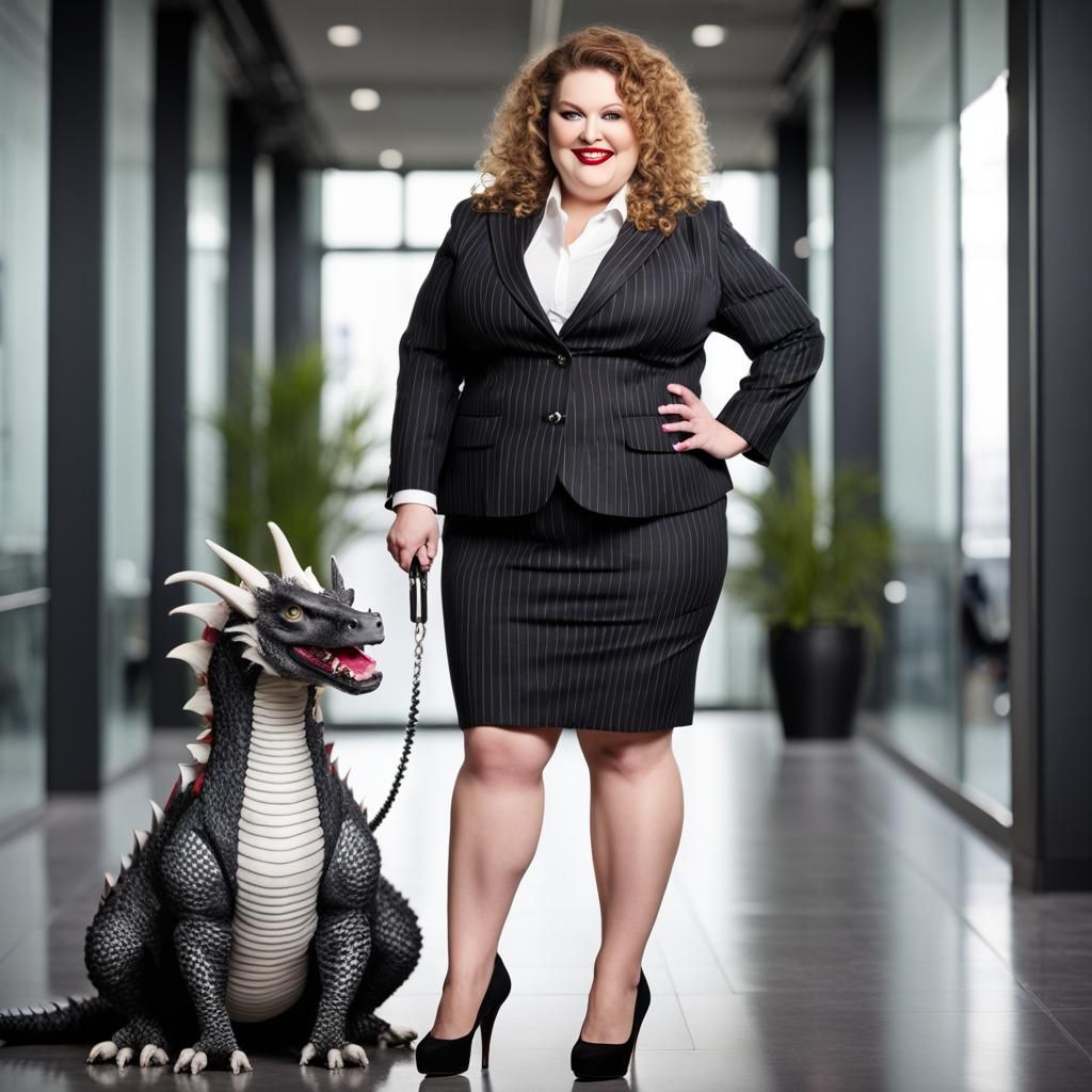 Curvaceous Woman with Dragon Pet at Work