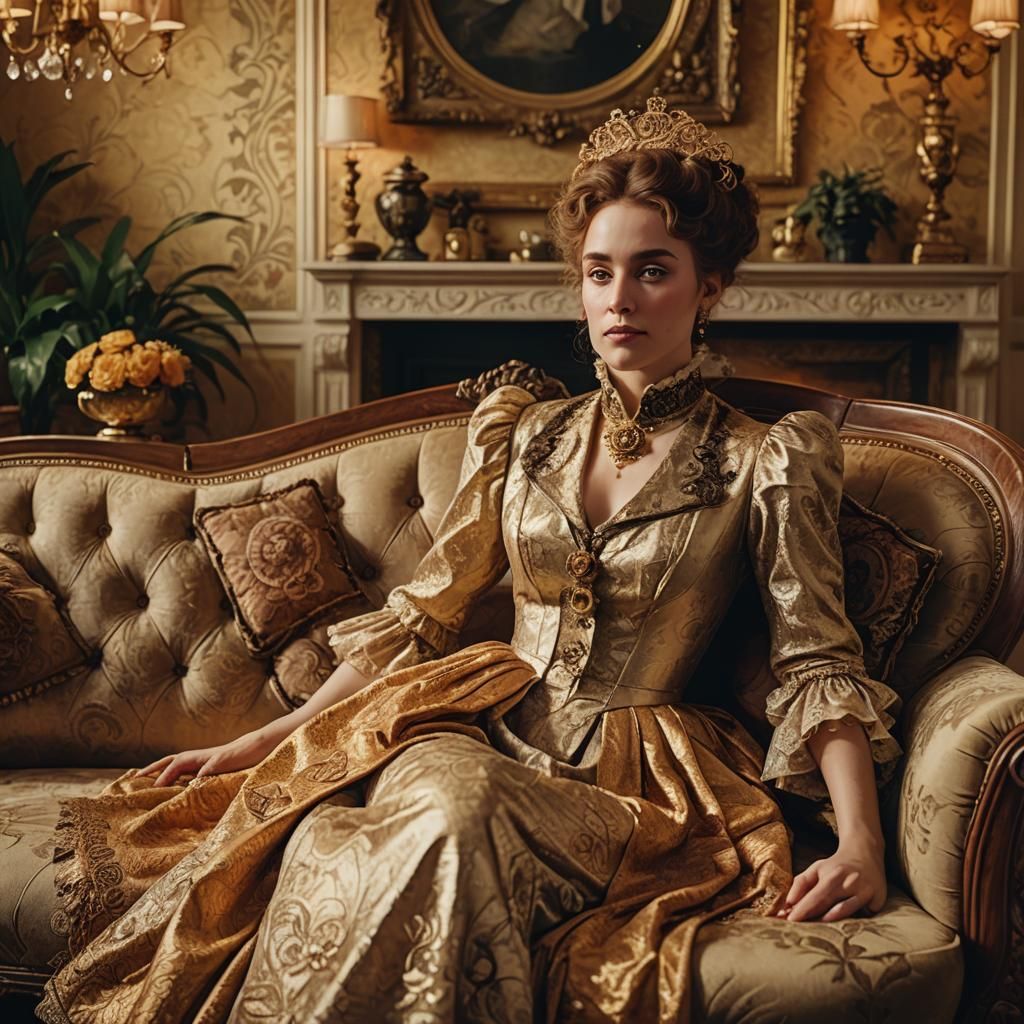 Victorian Woman in Klimt-Inspired Living Room