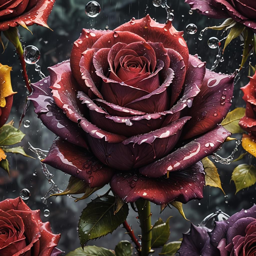 Hyperdetailed Red Rose with Splash in Dark Fantasy Style