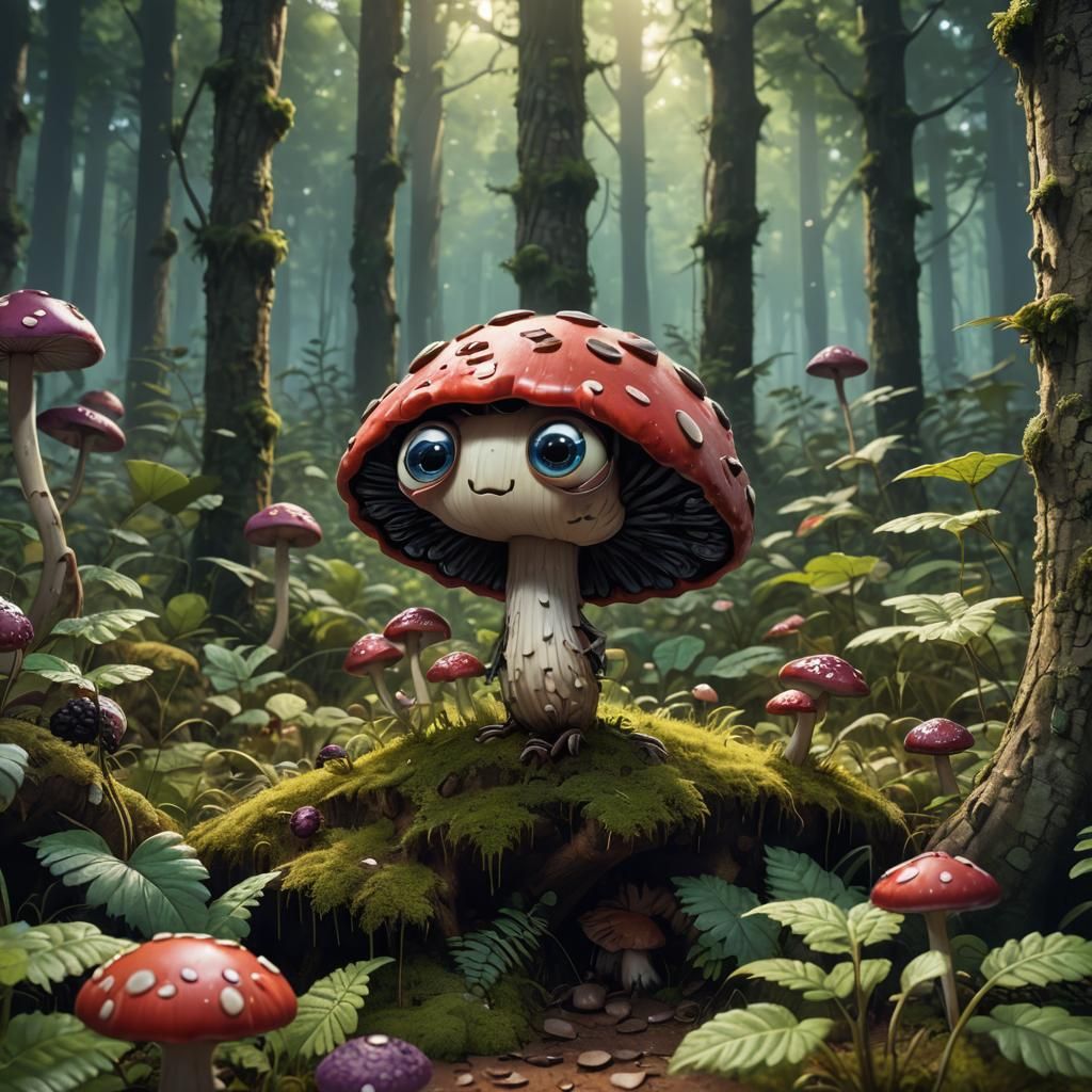 Cute cartoon mushroom standing in a forest