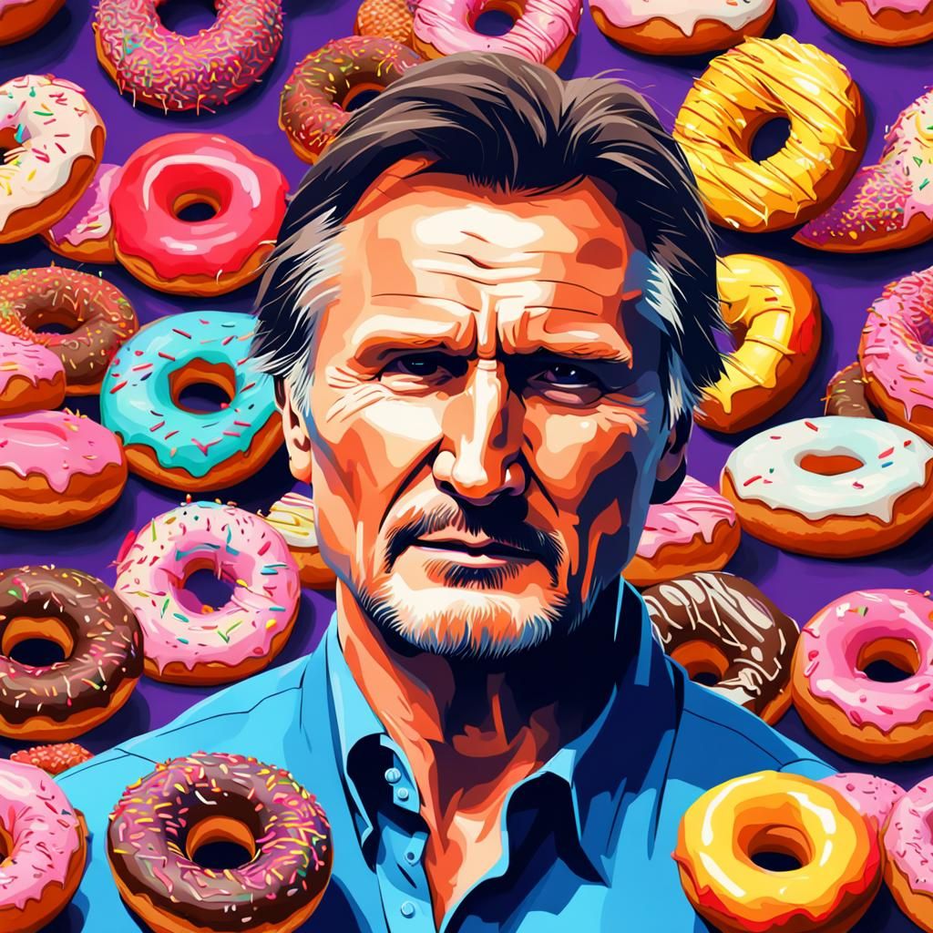 Liam Neeson Inside a Donut: Hyperrealistic Splash Art