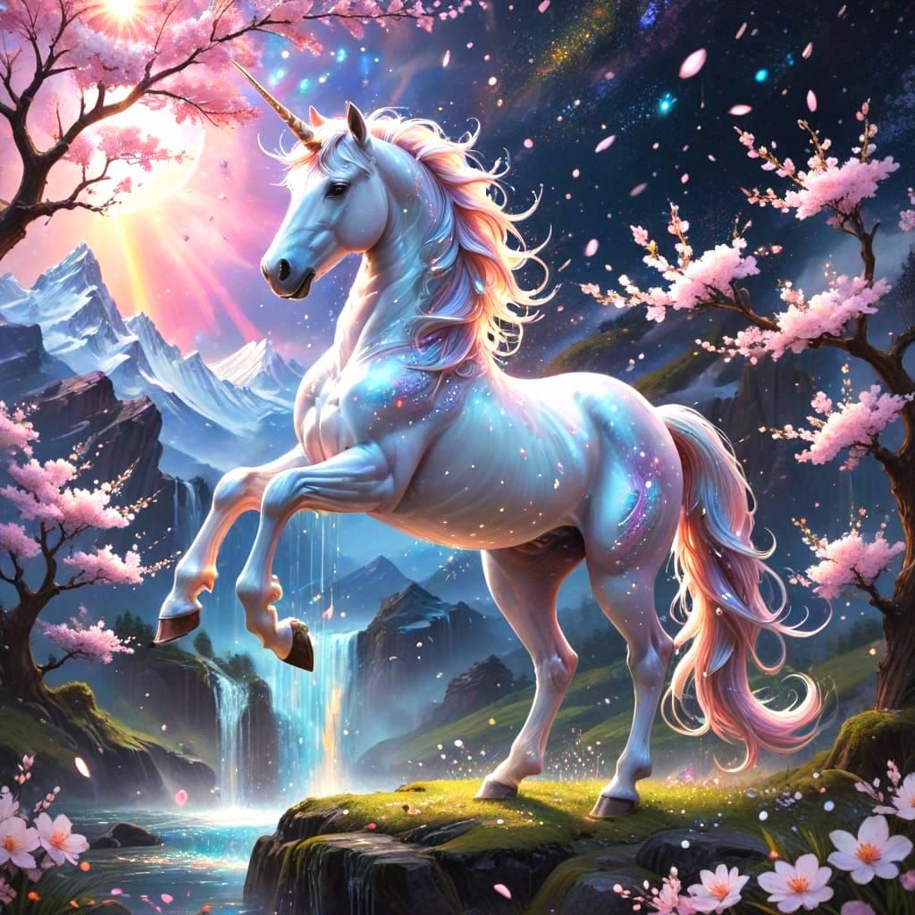 Majestic Opalescent Unicorn Stepping into Enchanted Realm