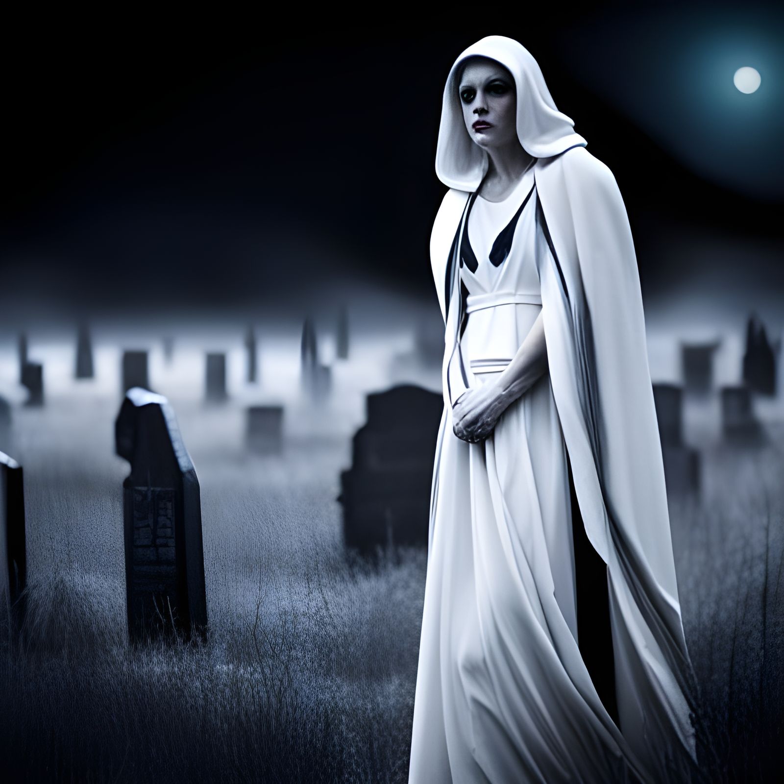 Woman as grim reaper, gravestones as backgound