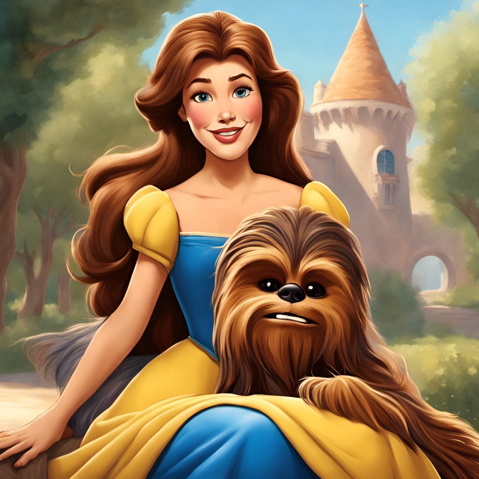 Belle and Chewbacca Portrait in Cartoon Style