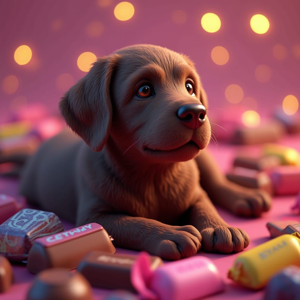 Chocolate Labrador Surrounded by Neon Chocolate Piles in Vib...