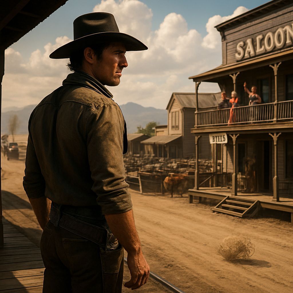 Cowboy Overlooking 1880s Western Town in Colorado