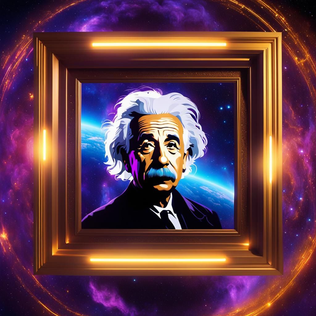 Einstein Portrait in Futuristic Frame with Galaxy Background