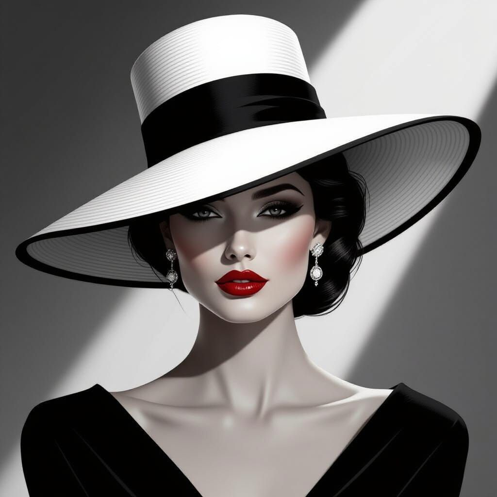 High-Contrast Portrait of Woman in Hat, Illustration Style