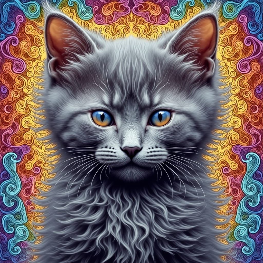Feline Zentangle Art in Vibrant Abstract Fractal Background