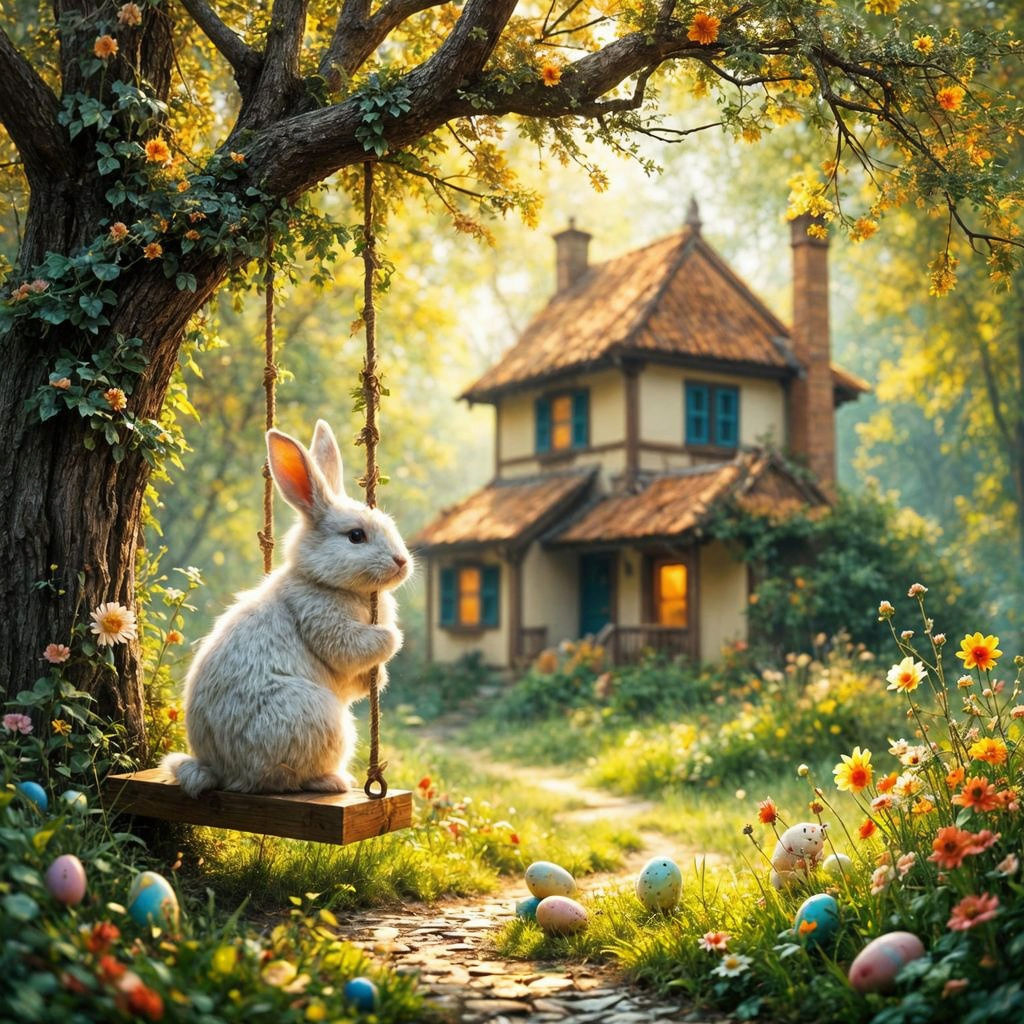 The Easter Bunny's Whimsical Forest Cottage in Vibrant Color