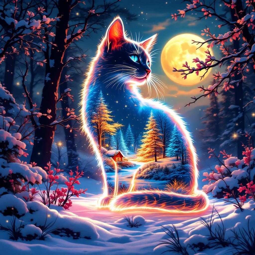 Neon Stained-Glass Cat Reflecting Winter Forest: Anime Style