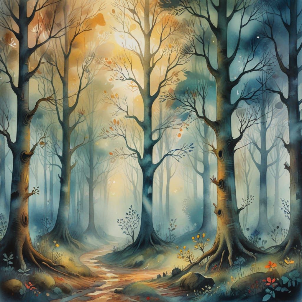 Whimsical Klee-Inspired Forest Landscape in Watercolor