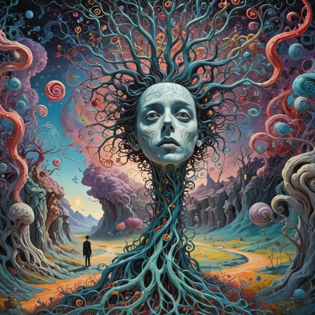 Surreal Split-Headed Figure in Dreamlike Landscape
