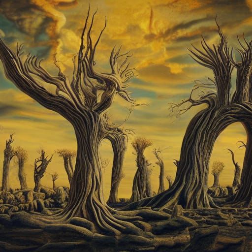 Surreal Desert Landscape with Melting Clocks