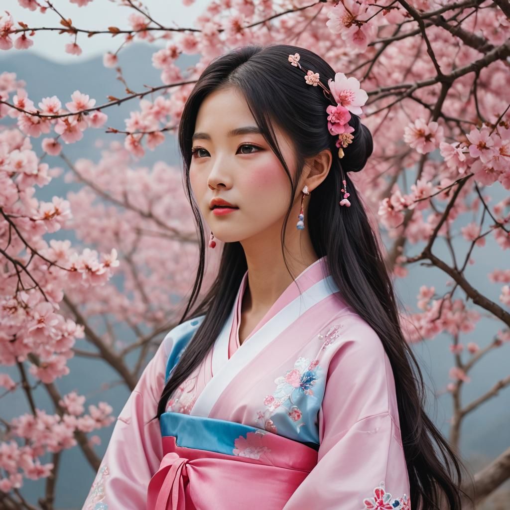 Korean Woman in Hanbok with Falling Petals, 3D Anime Art