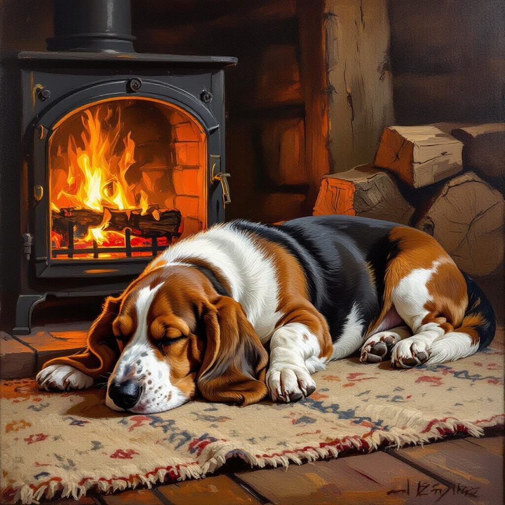 Basset Hound Sleeps by Cozy Log Burner