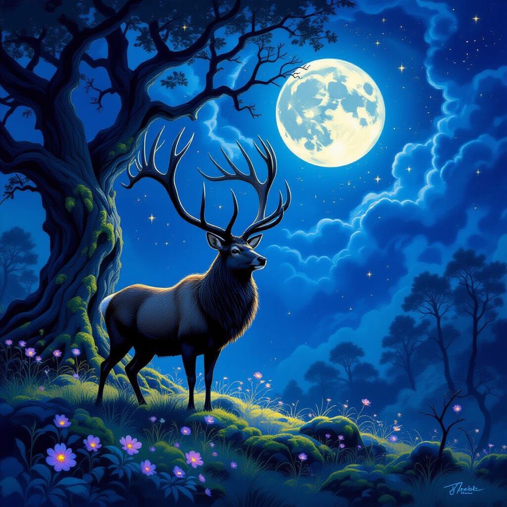 Majestic Stag in Moonlit Forest Clearing