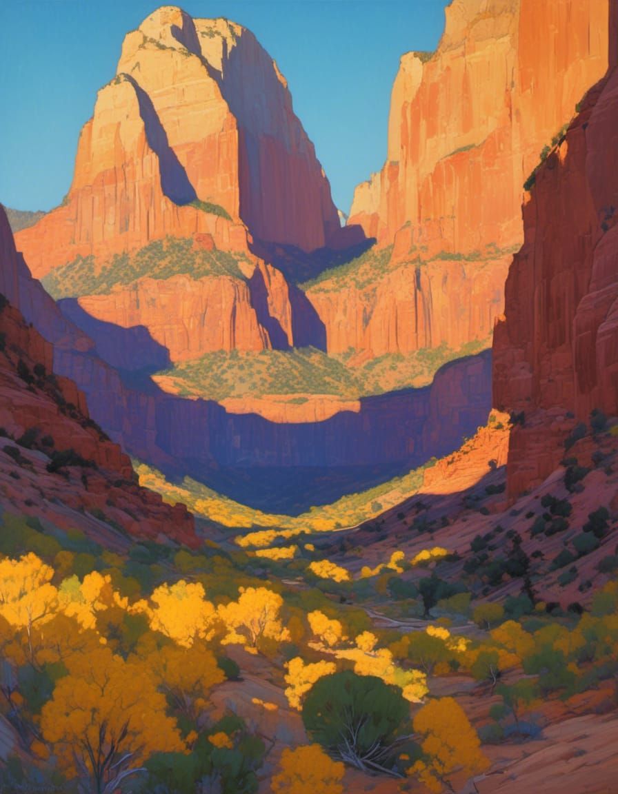 Zion Park Landscape Painting with Strong Light