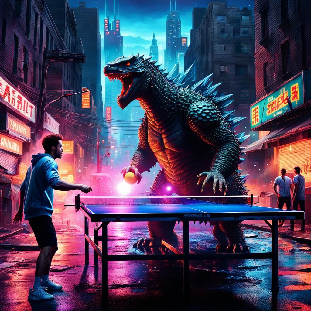 Epic Showdown: Ping Pong Player Takes on Godzilla in Neon-Li...