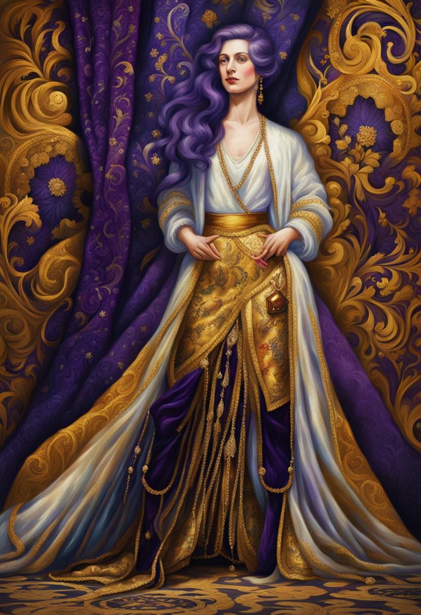Opulent Woman with Purple Hair in Oil Painting Style