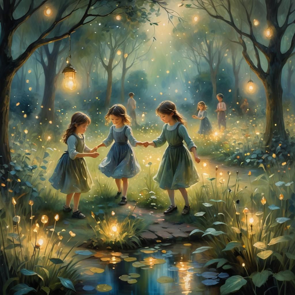 Children Playing in Misty Garden, Impressionistic Style