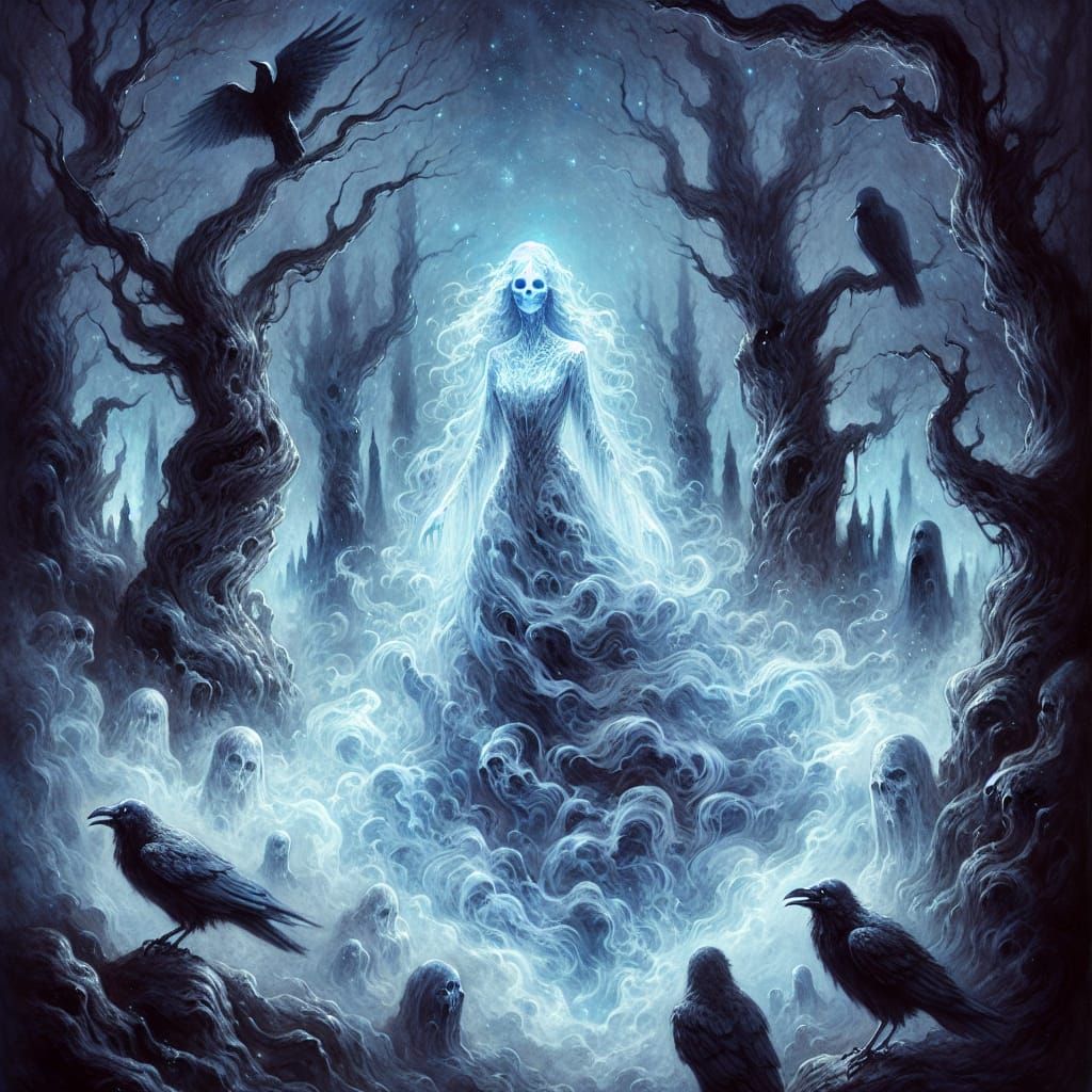 Eerie Blue Ghost in Dark Fantasy Forest