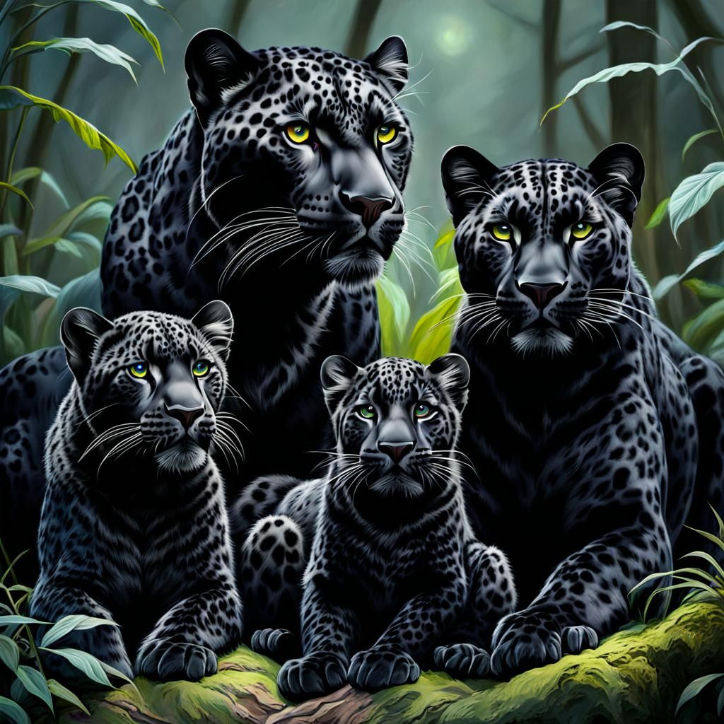 Fantasy Black Leopard Family in Wild