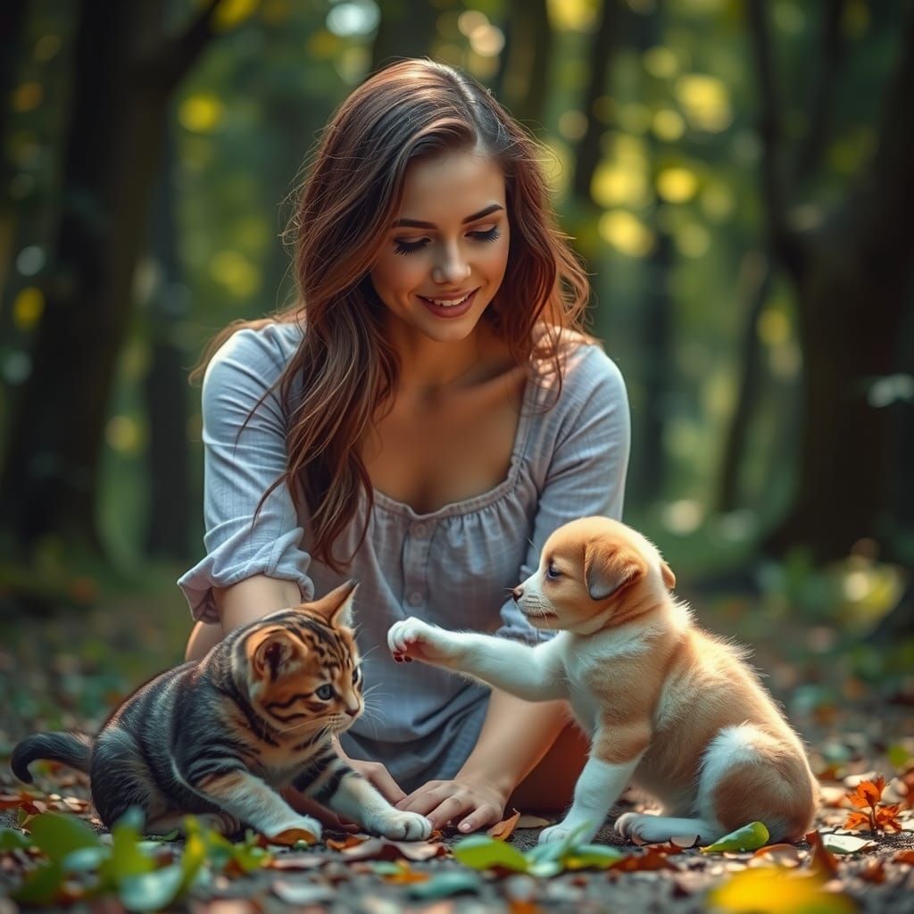 Hyperrealistic Woman with Kitten and Puppy in Forest