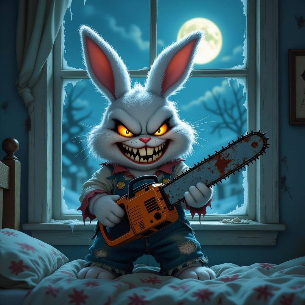 Evil Plush Rabbit Wields Chainsaw in Moonlit Bedroom