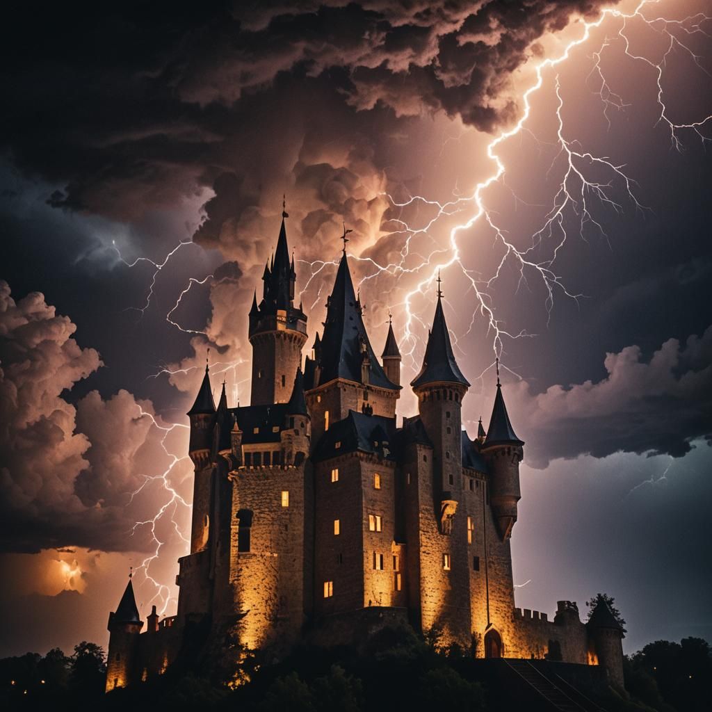 Lightning Strikes Castle Tower in Cinematic Film Still