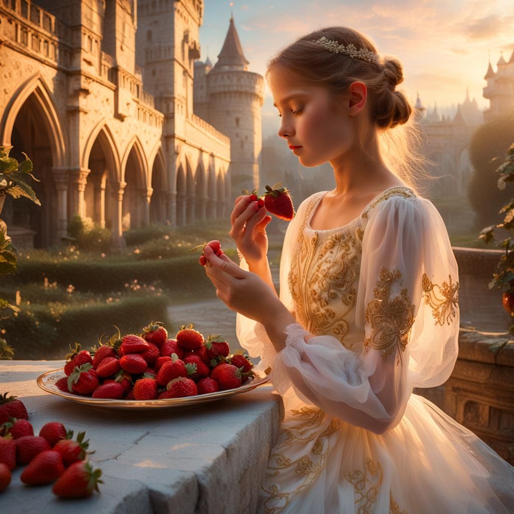 Girl with Strawberries in Ethereal Castle Courtyard