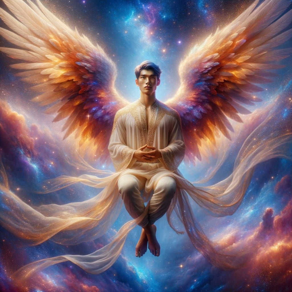 Majestic Angel with Sunset Wings in Cosmic Scene