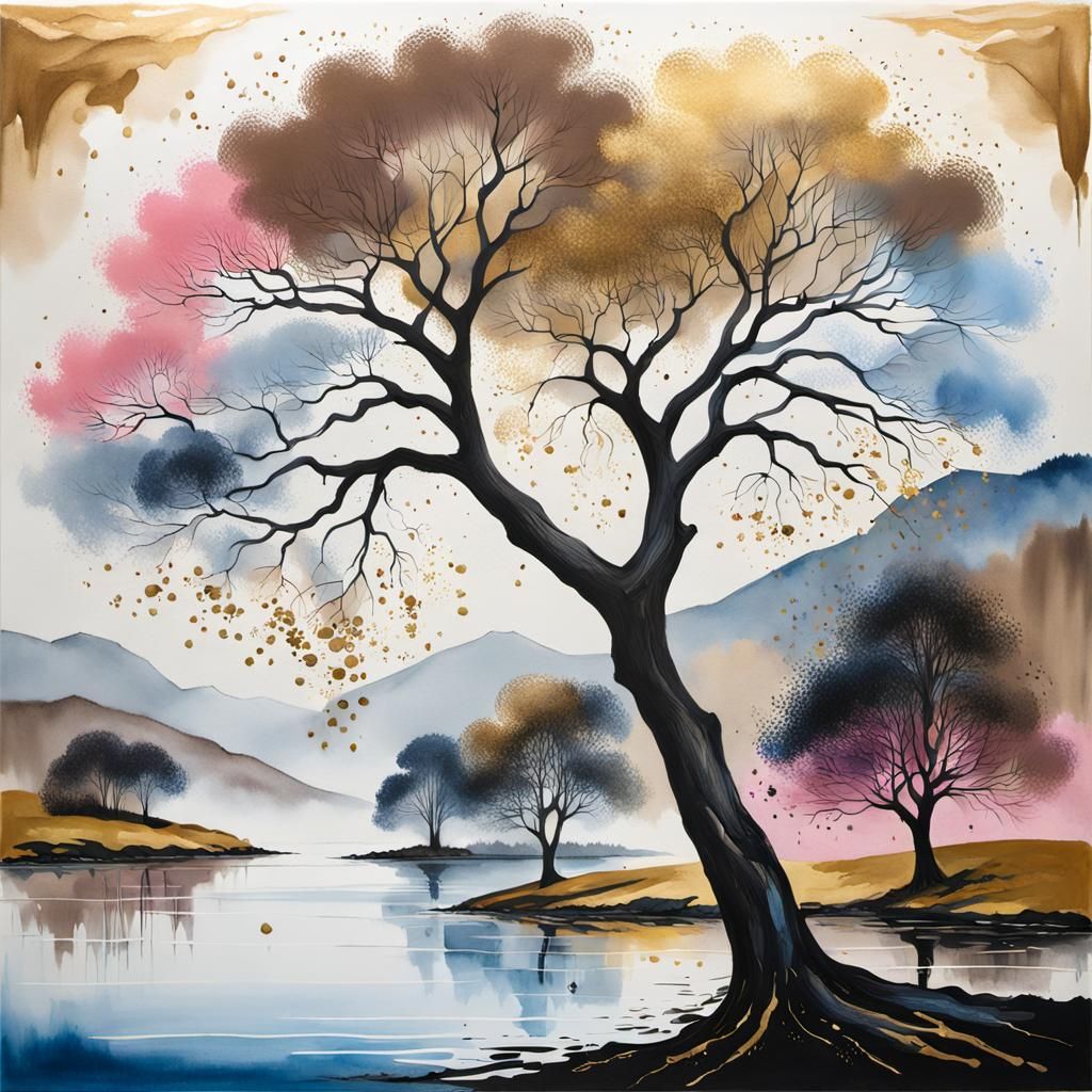 Tree by Water: Modern Ink Painting in Brown Mist