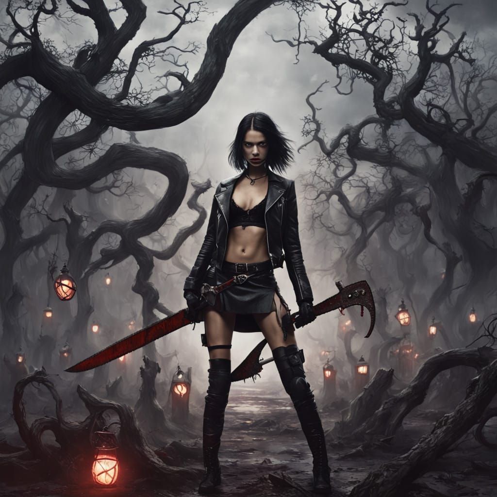 Dark Gothic Schoolgirl Slaying Zombies in Tim Burton-Inspire...