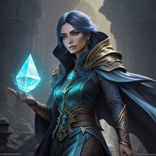 Sorceress with Glowing Crystal in Ancient Ruins