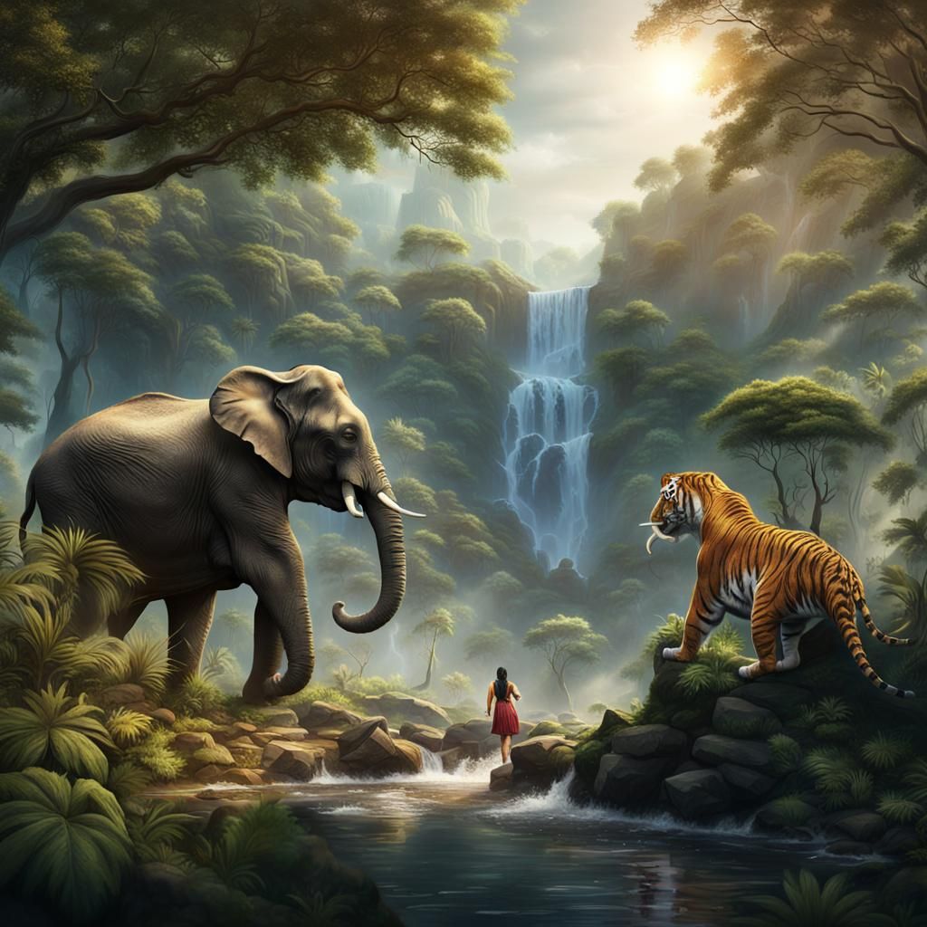 Elephant and Tiger Fight in Forest, Fantasy Art
