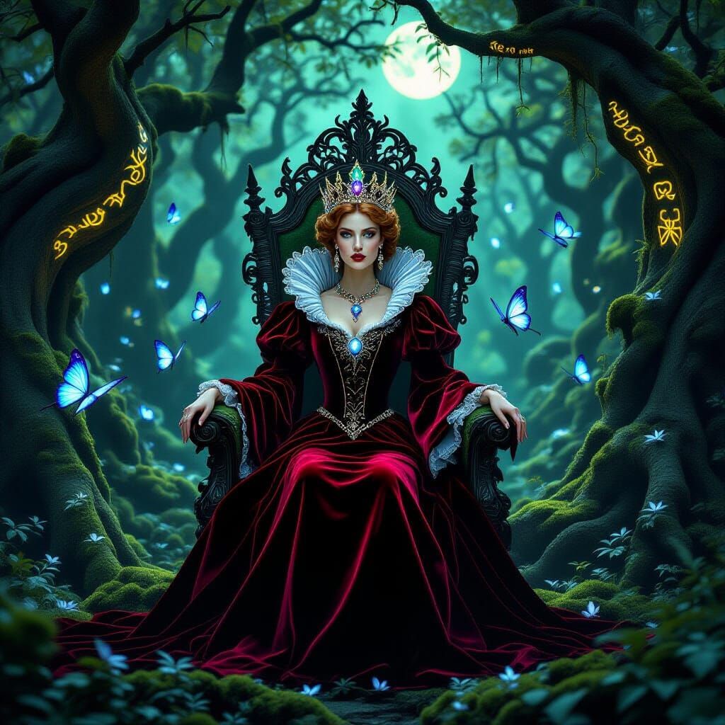 Majestic Queen in Bioluminescent Forest, Renaissance Style