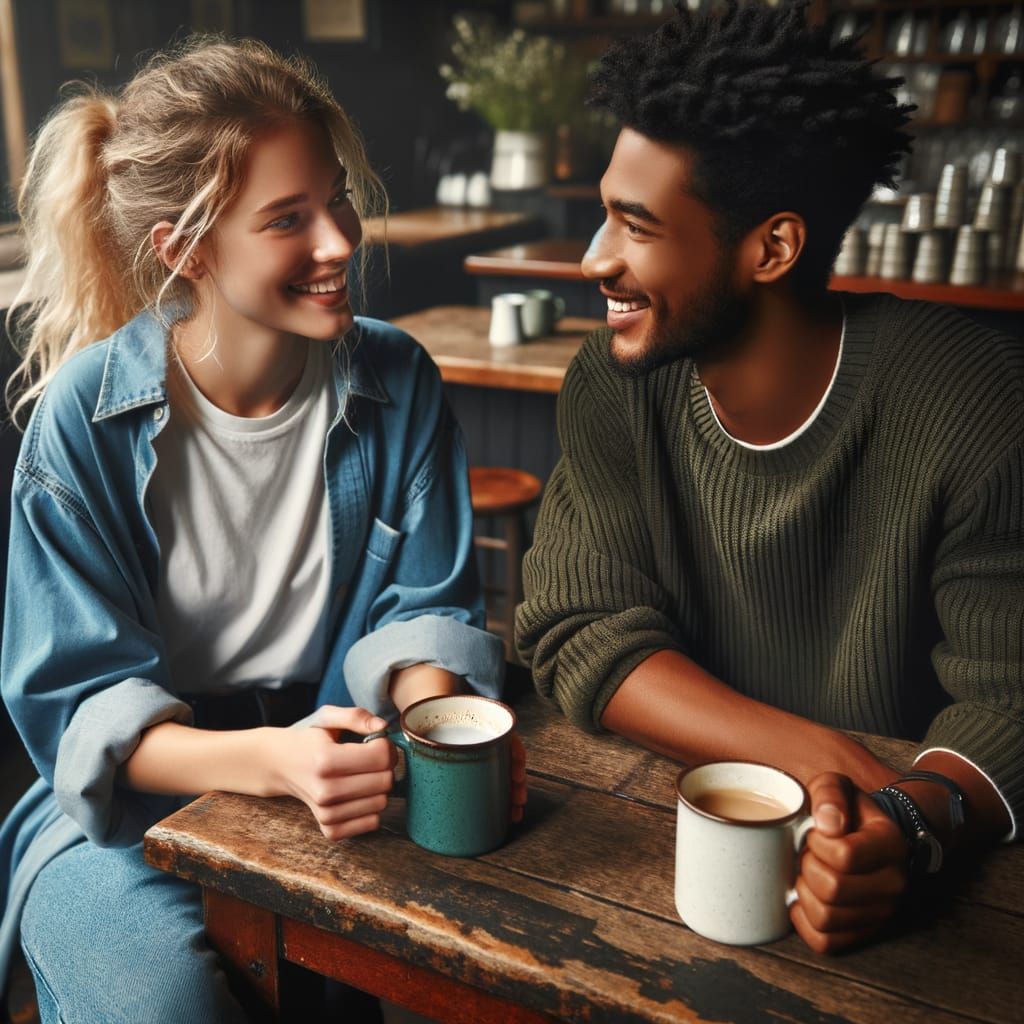 Friends Share a Cozy Coffee Moment in a Rustic Café