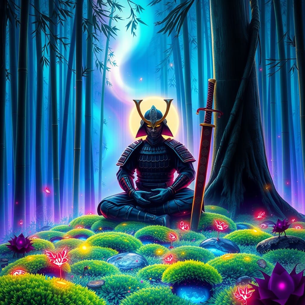 Surreal Samurai in Contemplative Meditation Amidst Iridescen...