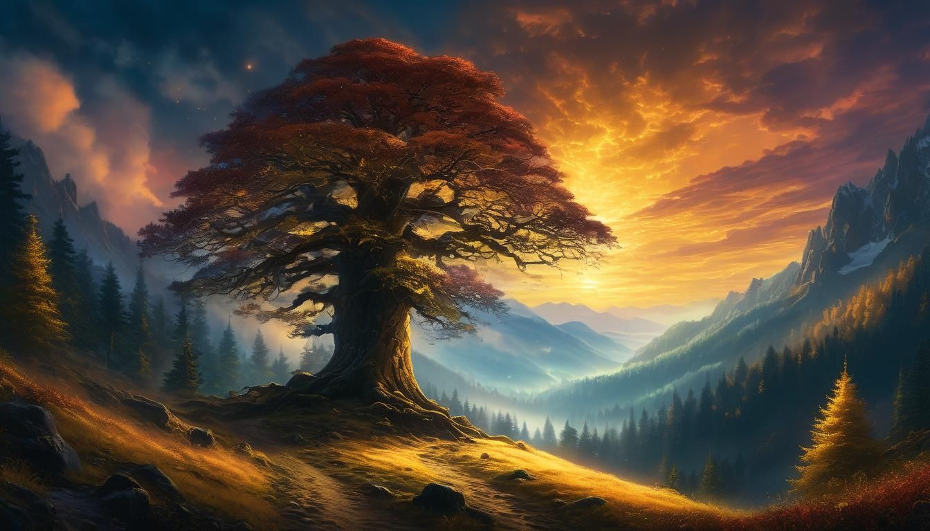 Night Landscape: Ancient Tree and Forest in Mystic Light