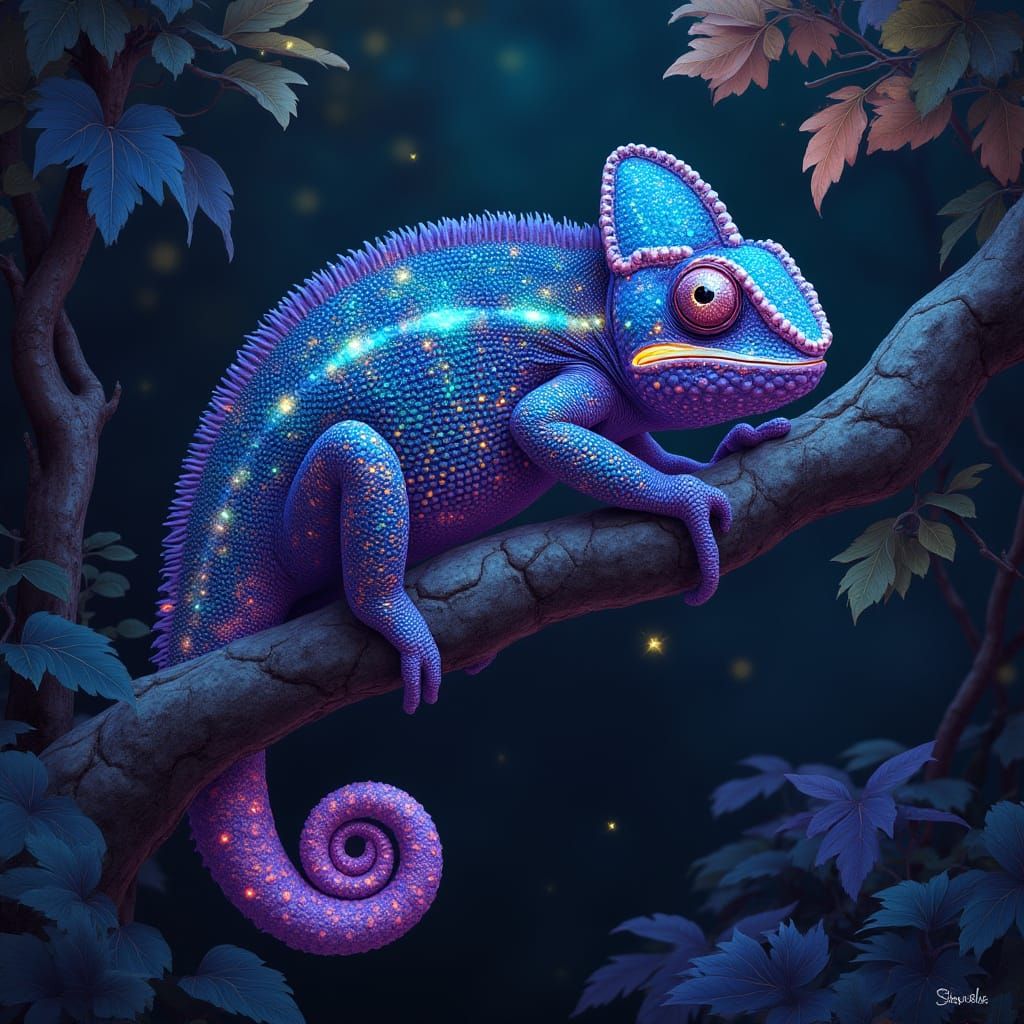 Starry Night Chameleon Blends with Jungle Cosmos