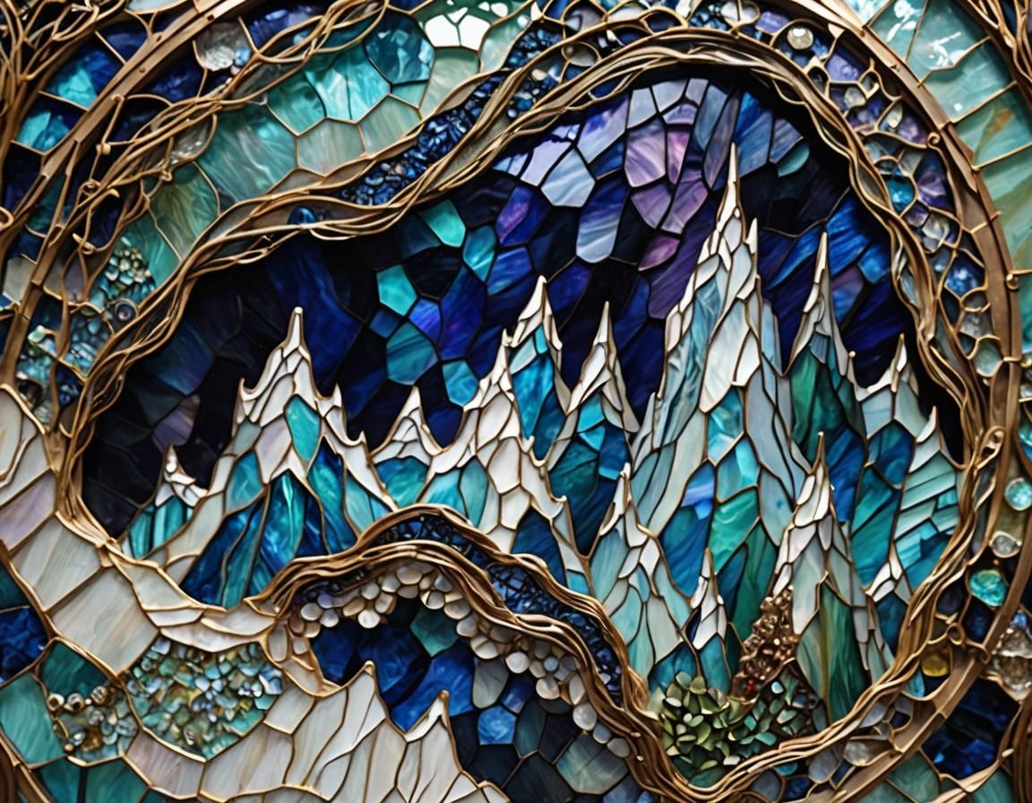 Stained Glass Mosaic of Glacier Caverns in Hyperrealism