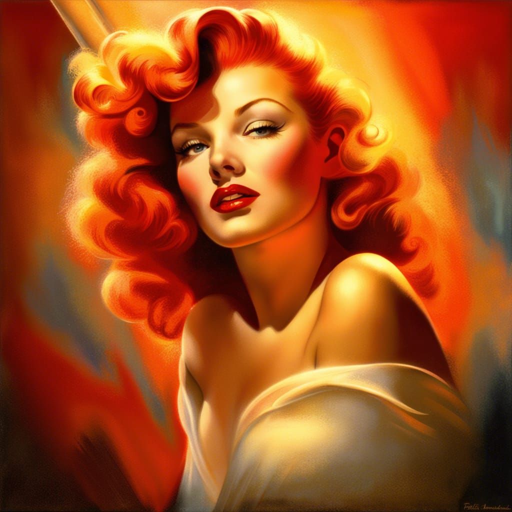 Flame-Haired Pin-Up Girl in Hyperrealistic Style