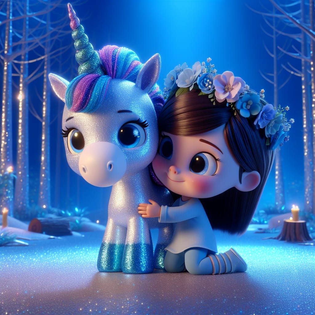 Disney Pixar style 3D adorable little girl with a blue and silver glittery unicorn, wearing a flower crown, multicolored...