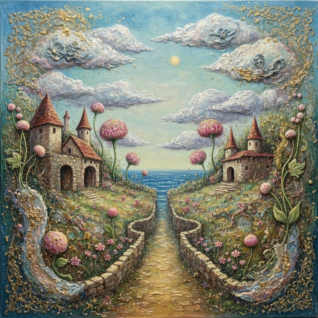 Whimsical Dreamscape Village with Iridescent Colors