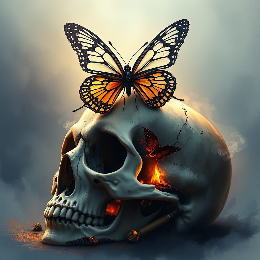 Butterfly Perches on Antique Skull in Soft Golden Light