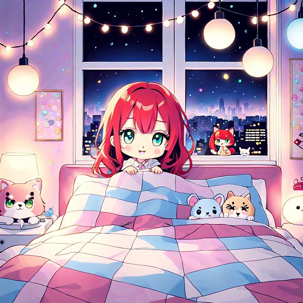 Anime Girl in Shibuya Bedroom with Quilt
