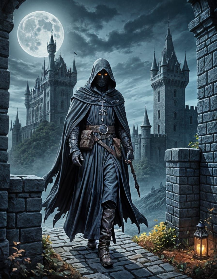 Eldritch Moonlit Mystery: Cloaked Figure on Castle